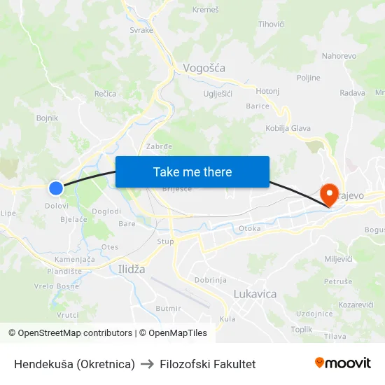 Hendekuša (Okretnica) to Filozofski Fakultet map