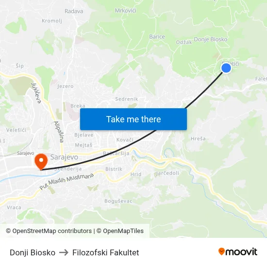 Donji Biosko to Filozofski Fakultet map