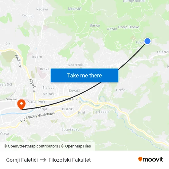 Gornji Faletići to Filozofski Fakultet map