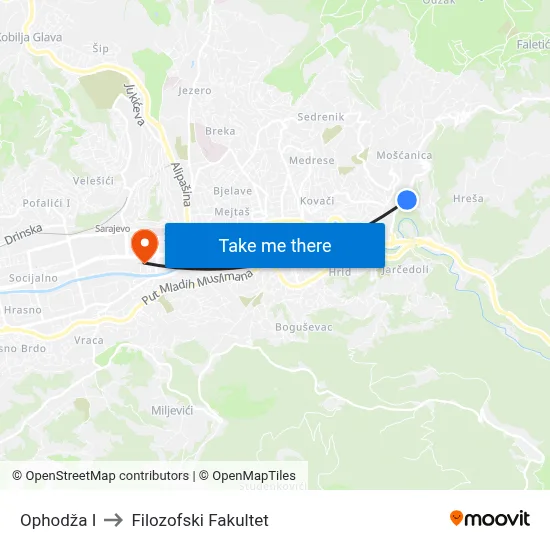 Ophodža I to Filozofski Fakultet map