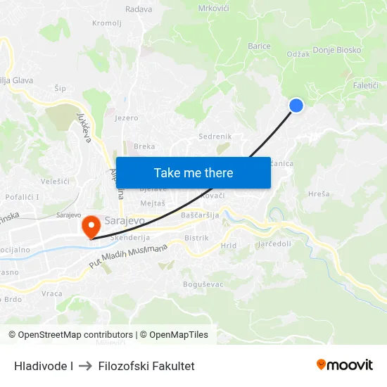 Hladivode I to Filozofski Fakultet map