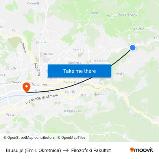 Brusulje (Emir. Okretnica) to Filozofski Fakultet map