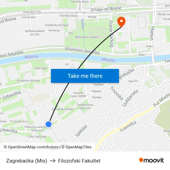 Zagrebačka (Mis) to Filozofski Fakultet map