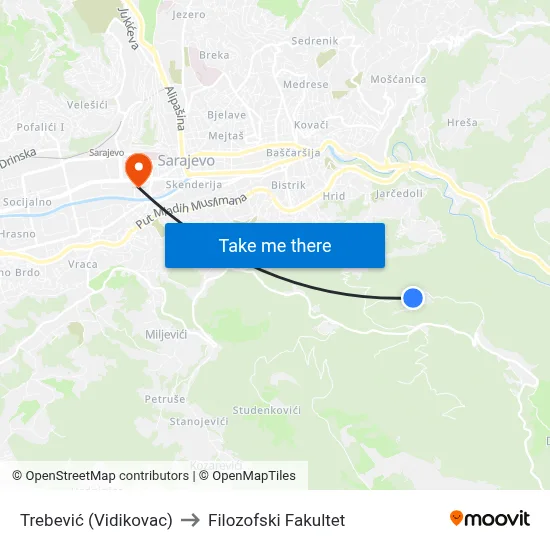 Trebević (Vidikovac) to Filozofski Fakultet map