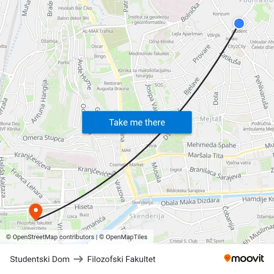 Studentski Dom to Filozofski Fakultet map