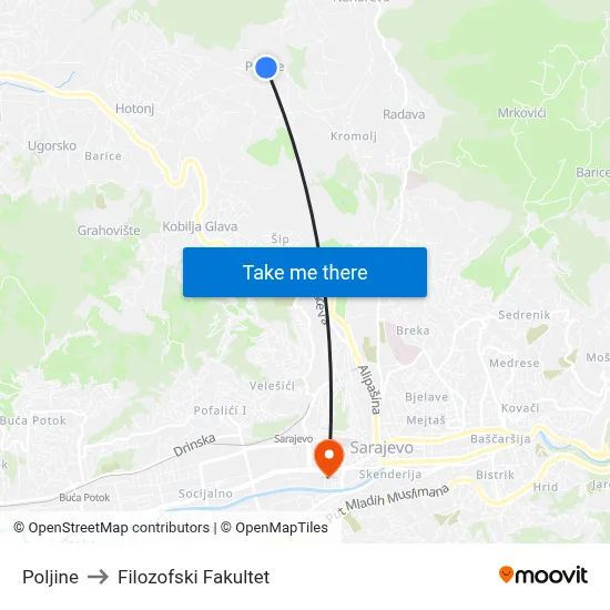 Poljine to Filozofski Fakultet map