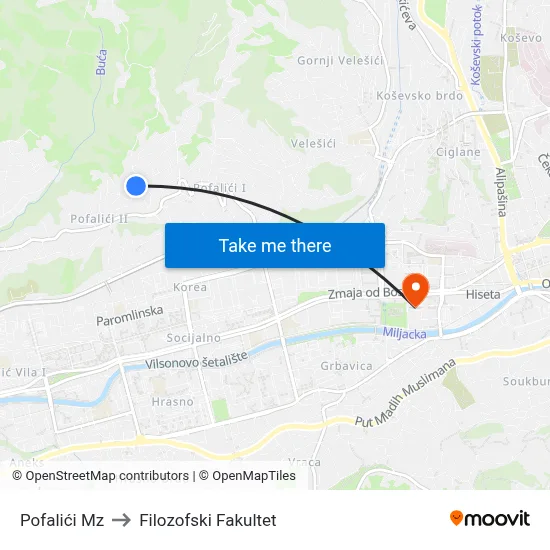 Pofalići Mz to Filozofski Fakultet map