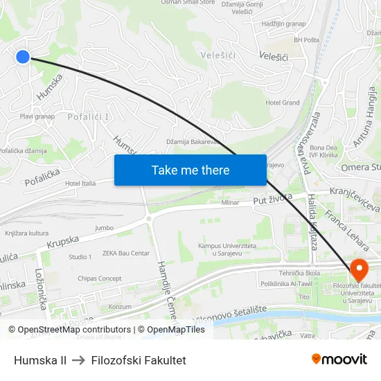 Humska II to Filozofski Fakultet map