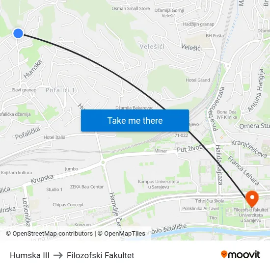 Humska III to Filozofski Fakultet map