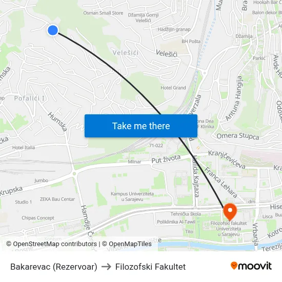 Bakarevac (Rezervoar) to Filozofski Fakultet map