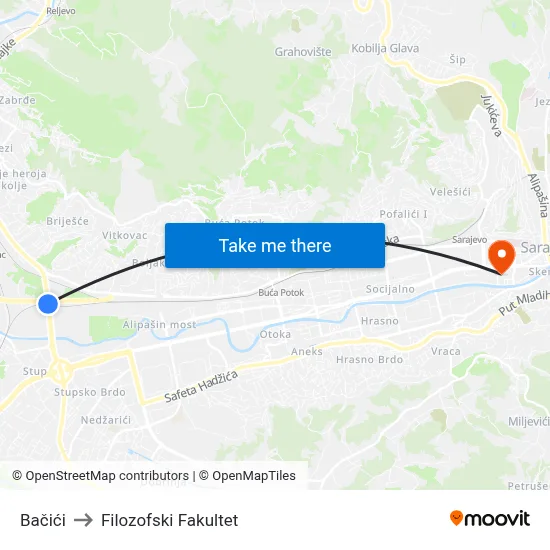 Bačići to Filozofski Fakultet map