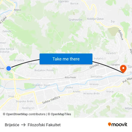 Briješće to Filozofski Fakultet map