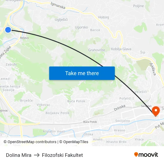Dolina Mira to Filozofski Fakultet map