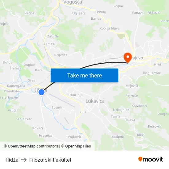 Ilidža to Filozofski Fakultet map