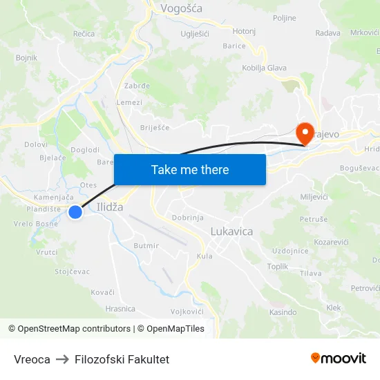 Vreoca to Filozofski Fakultet map