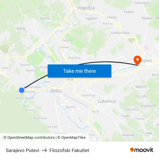 Sarajevo Putevi to Filozofski Fakultet map