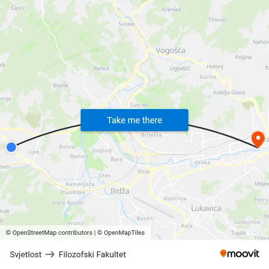 Svjetlost to Filozofski Fakultet map
