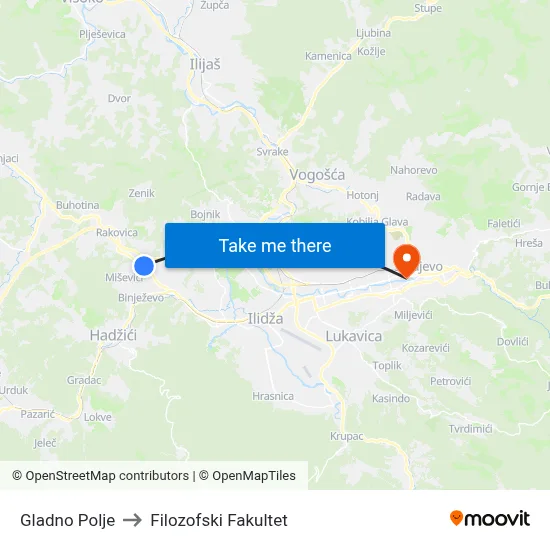 Gladno Polje to Filozofski Fakultet map