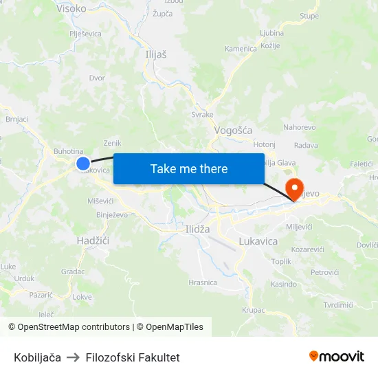 Kobiljača to Filozofski Fakultet map