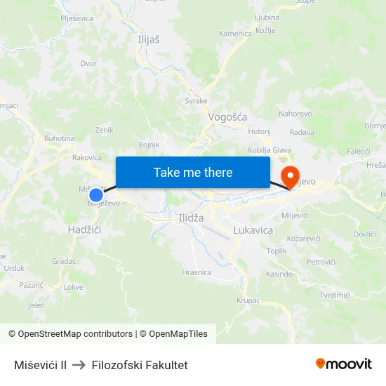 Miševići II to Filozofski Fakultet map