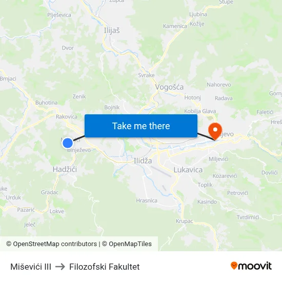 Miševići III to Filozofski Fakultet map