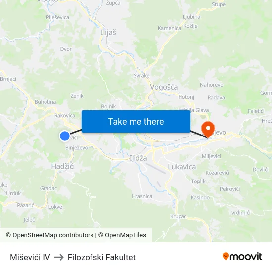 Miševići IV to Filozofski Fakultet map