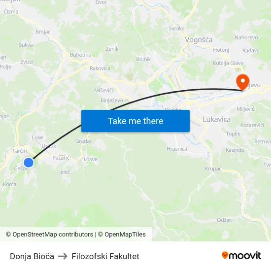 Donja Bioča to Filozofski Fakultet map