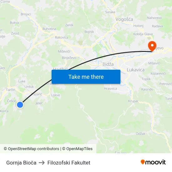 Gornja Bioča to Filozofski Fakultet map