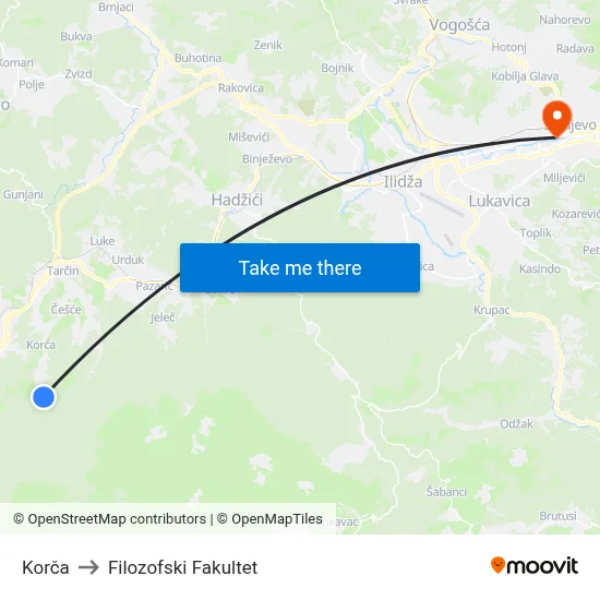 Korča to Filozofski Fakultet map
