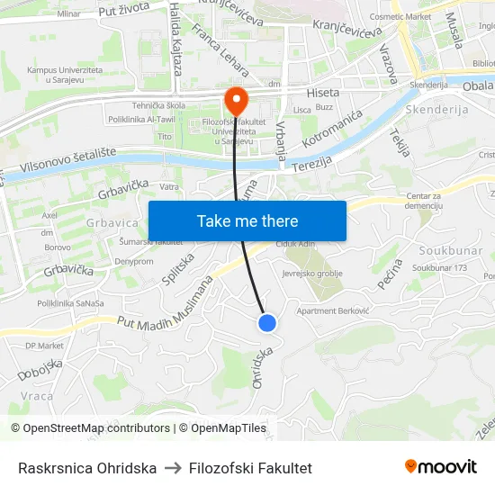 Raskrsnica Ohridska to Filozofski Fakultet map