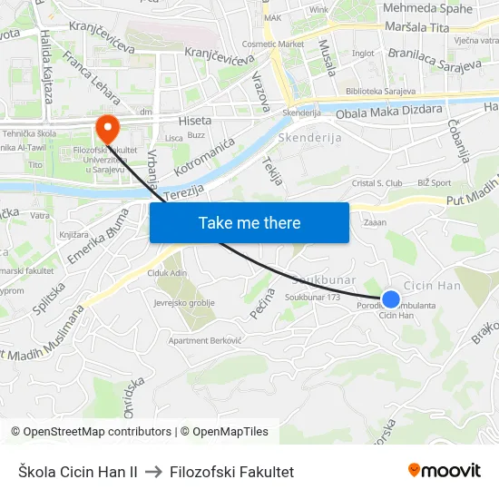 Škola Cicin Han II to Filozofski Fakultet map