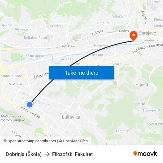 Dobrinja (Škola) to Filozofski Fakultet map