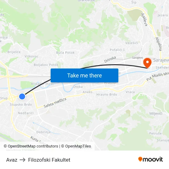 Avaz to Filozofski Fakultet map