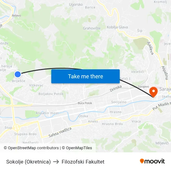 Sokolje (Okretnica) to Filozofski Fakultet map