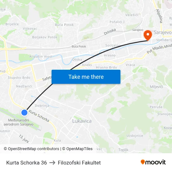 Kurta Schorka 36 to Filozofski Fakultet map