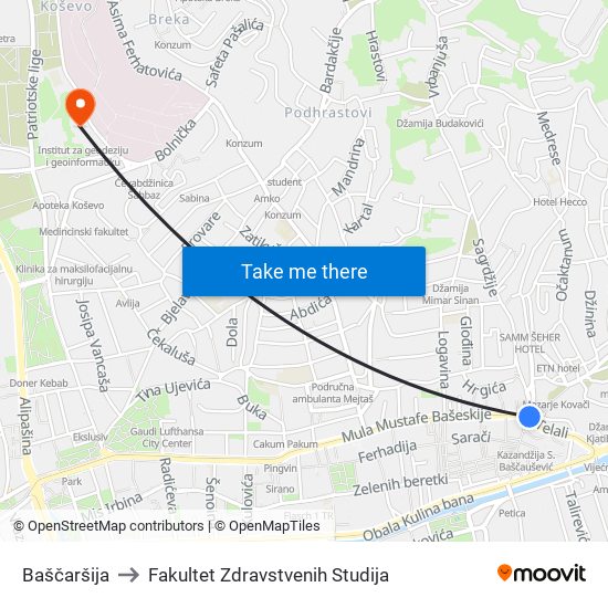 Baščaršija to Fakultet Zdravstvenih Studija map