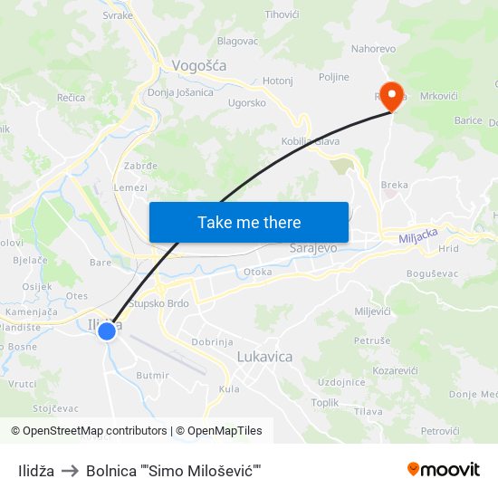 Ilidža to Bolnica ""Simo Milošević"" map