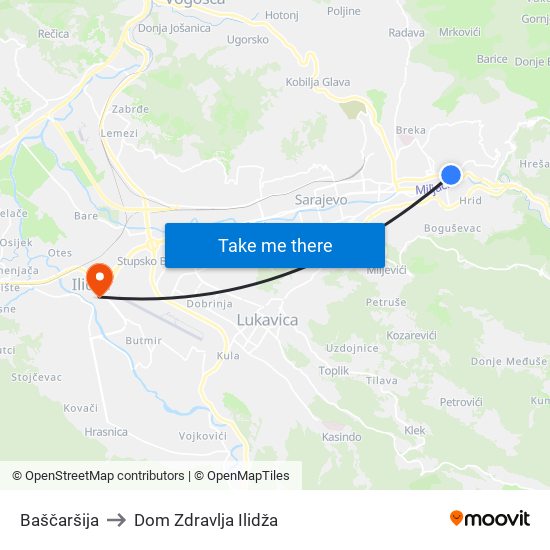 Baščaršija to Dom Zdravlja Ilidža map