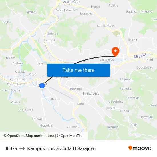 Ilidža to Kampus Univerziteta U Sarajevu map