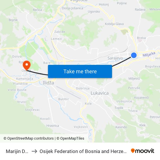 Marijin Dvor to Osijek Federation of Bosnia and Herzegovina map