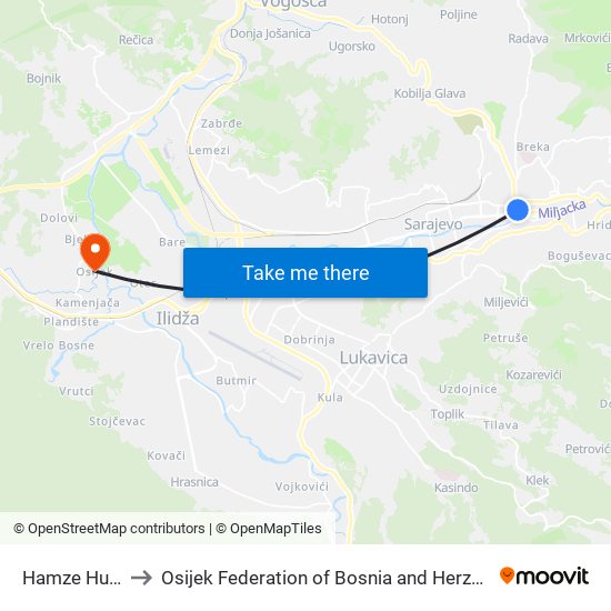 Hamze Hume to Osijek Federation of Bosnia and Herzegovina map
