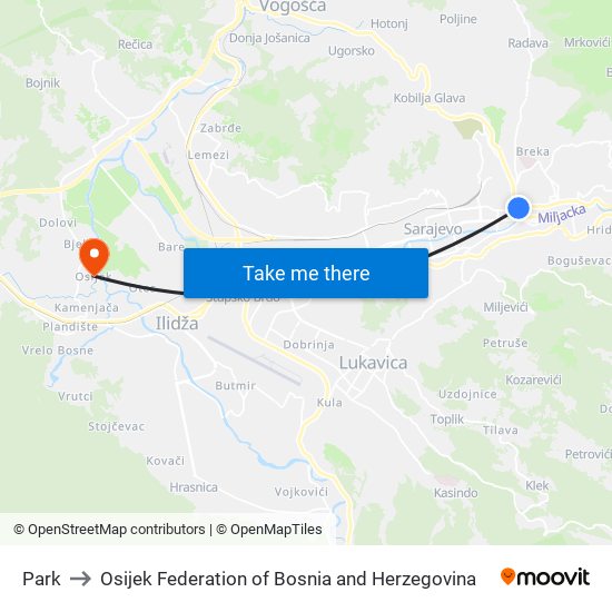 Park to Osijek Federation of Bosnia and Herzegovina map