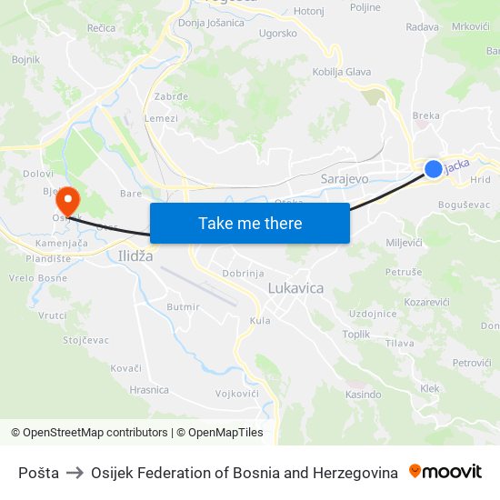 Pošta to Osijek Federation of Bosnia and Herzegovina map