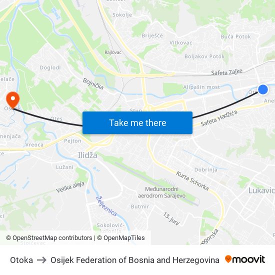 Otoka to Osijek Federation of Bosnia and Herzegovina map