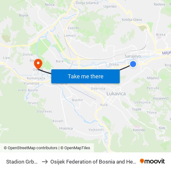 Stadion Grbavica to Osijek Federation of Bosnia and Herzegovina map