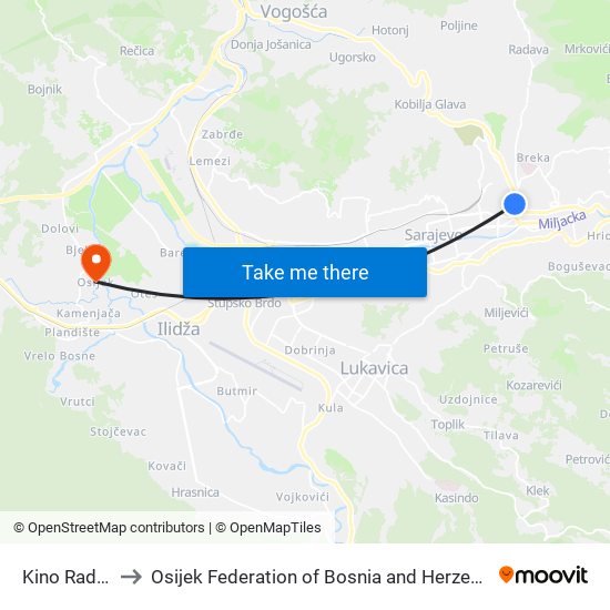 Kino Radnik to Osijek Federation of Bosnia and Herzegovina map