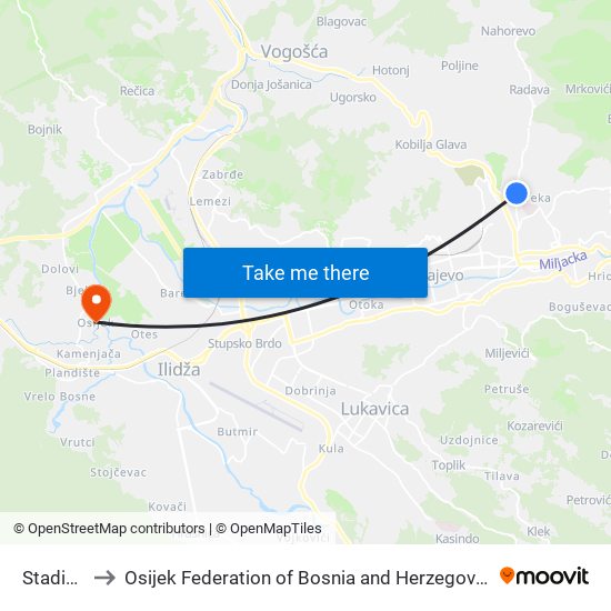 Stadion to Osijek Federation of Bosnia and Herzegovina map
