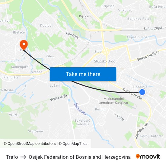 Trafo to Osijek Federation of Bosnia and Herzegovina map
