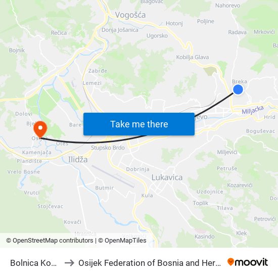 Bolnica Koševo to Osijek Federation of Bosnia and Herzegovina map