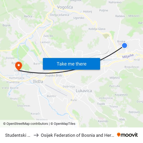 Studentski Dom to Osijek Federation of Bosnia and Herzegovina map